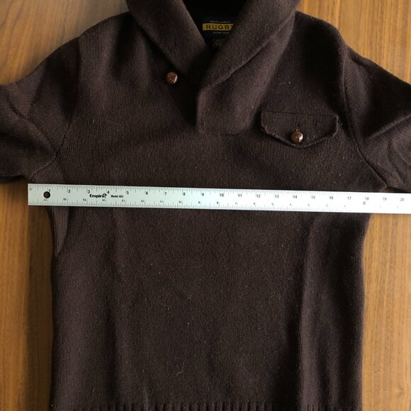 Rugby Ralph Lauren Wool Sweater Small Brown Shawl Collar Elbow Patches - Picture 3 of 6